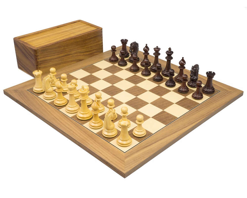 Sheffield Knight Rosewood & Walnut Chess Set with carved rosewood chessmen on deluxe walnut board, 3.75 inch king, and wooden box