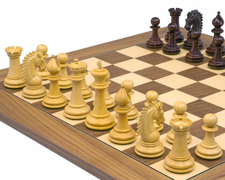 The Sheffield Knight Rosewood and Walnut Chess Set with intricately carved pieces on a deluxe board.