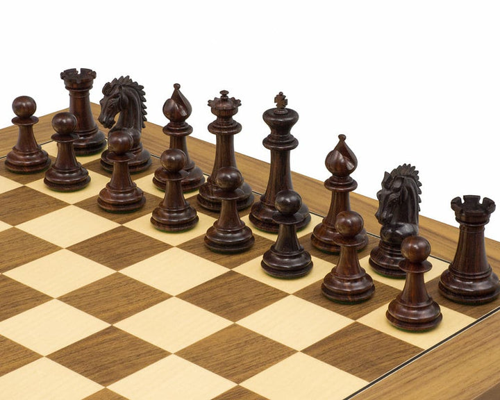 Sheffield Knight Rosewood & Walnut Chess Set with intricately carved pieces on a Deluxe Walnut Chess Board.