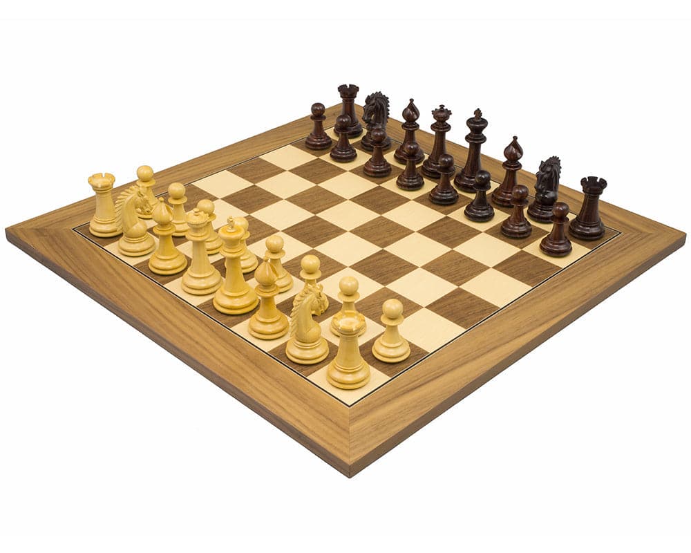 The Sheffield Knight Rosewood & Walnut Chess Set with intricate carved chessmen and Deluxe Walnut Chess Board