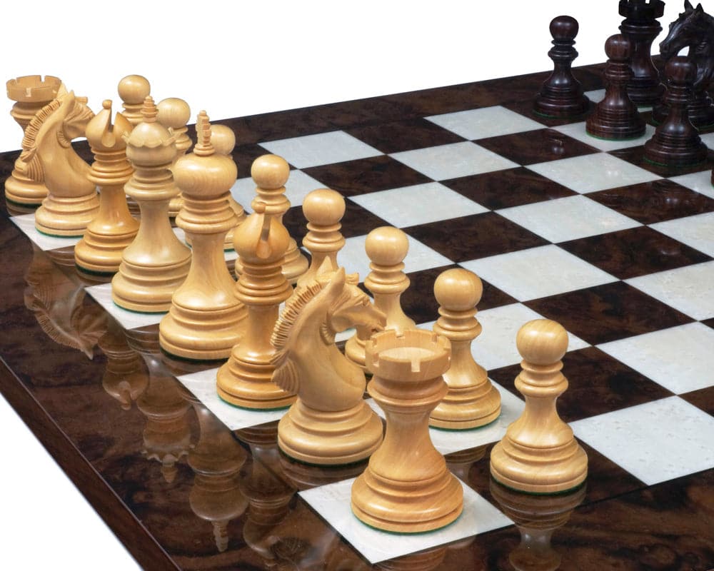 Luxury Rosewood and Walnut Chess Set with Weighted Rosewood Chessmen on High Gloss Inlaid Italian Board
