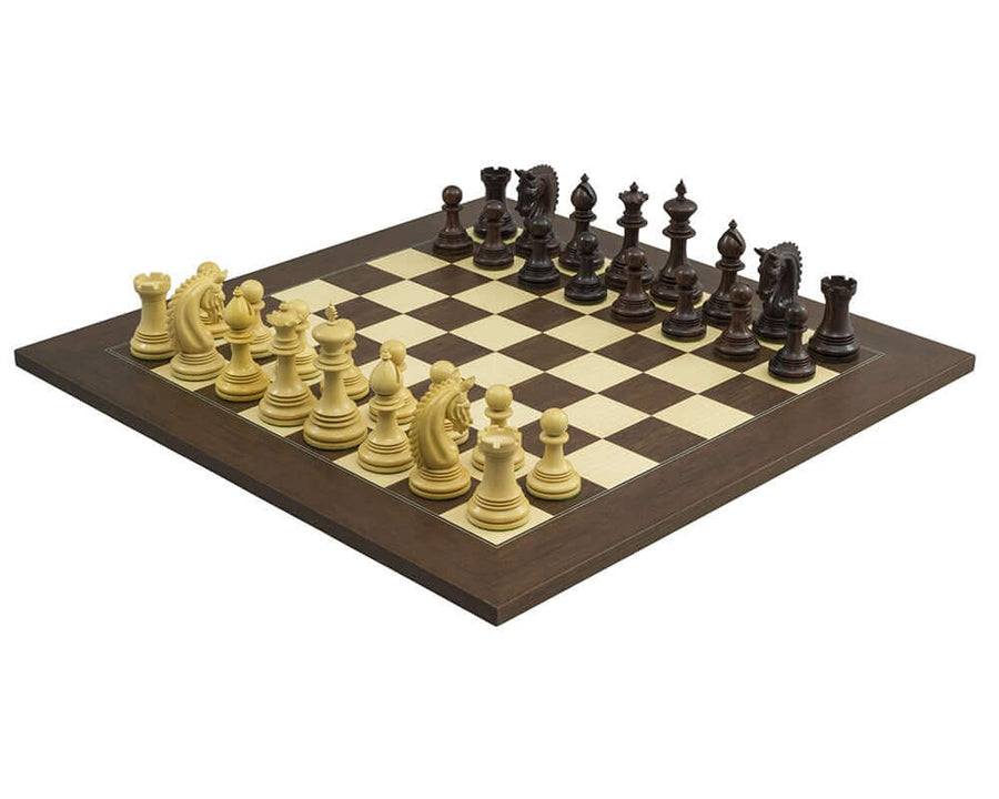 The Lemington Rosewood Palisander Chess Set arranged on a luxury Montgoy Palisander board, showcasing finely detailed chessmen and superb craftsmanship.