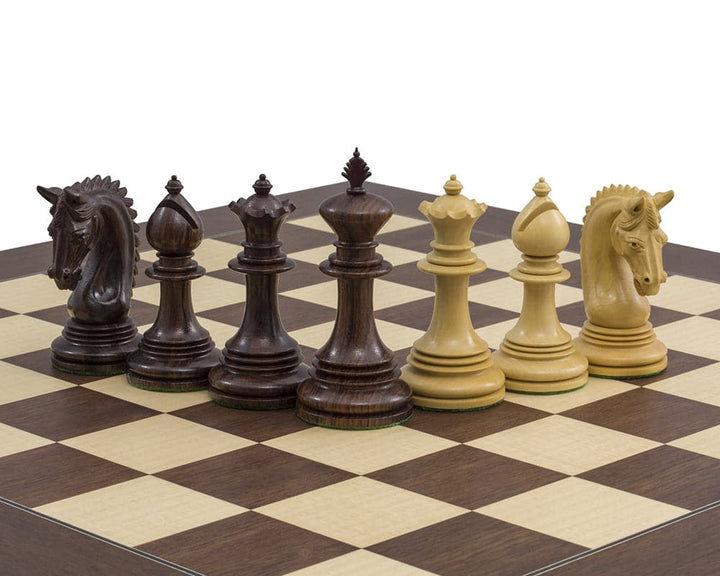 The Lemington Rosewood Palisander Chess Set showcasing expertly handcrafted chessmen on a luxury Montgoy Palisander board.