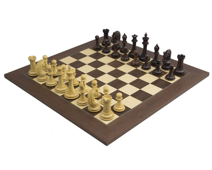 The Sheffield Knight Rosewood Palisander Chess Set on 21.7 inch Spanish palisander and maple chess board with ornate chessmen