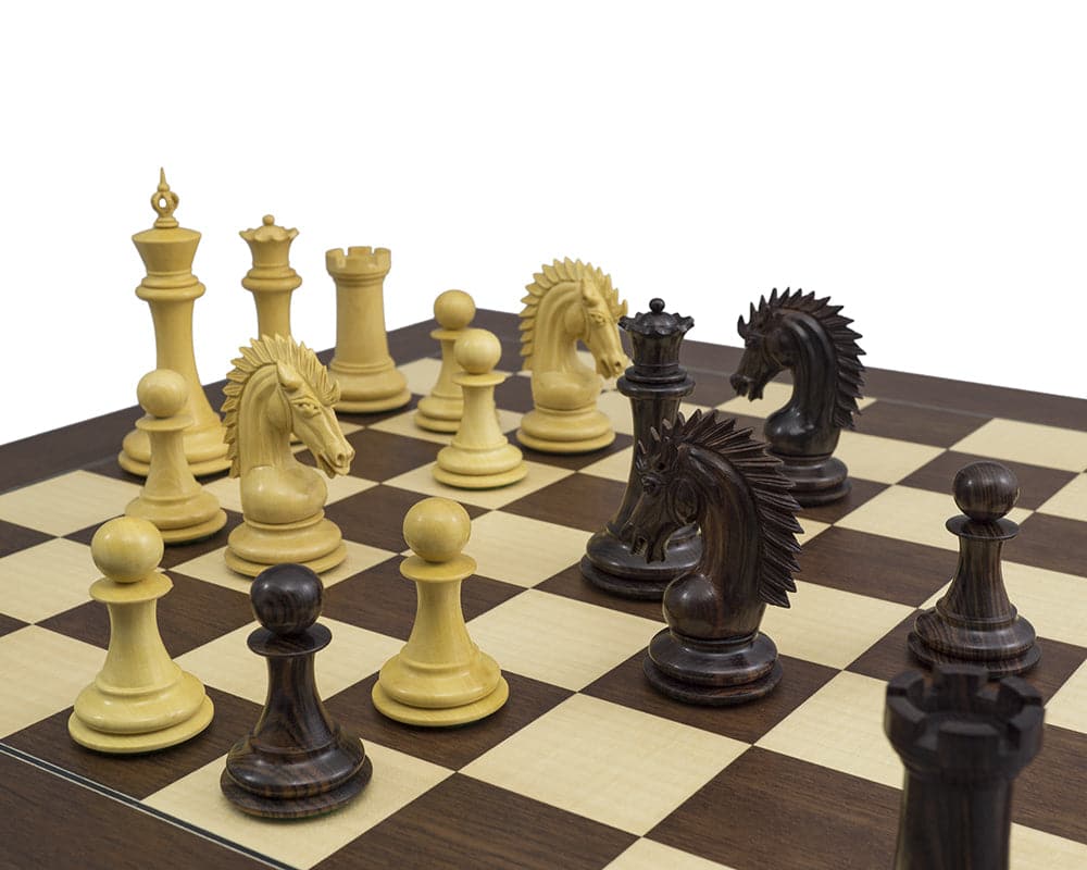 Luxurious Sheffield Knight Rosewood Palisander Chess Set on 21.7 inch palisander board with handcrafted, weighted chessmen.