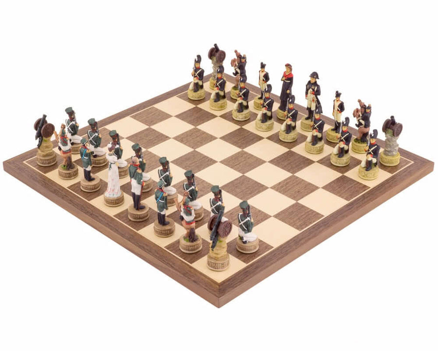 Hand-painted Napoleon vs Russians chess set by Italfama featuring detailed Napoleonic Wars figures on a wooden chessboard.