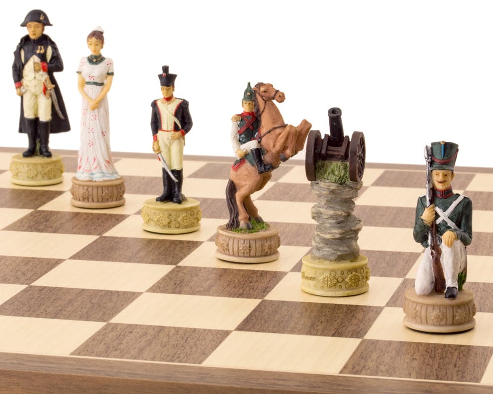 Napoleon vs Russians Hand-Painted Chess Set by Italfama featuring detailed historical figures from Napoleonic Wars on chessboard