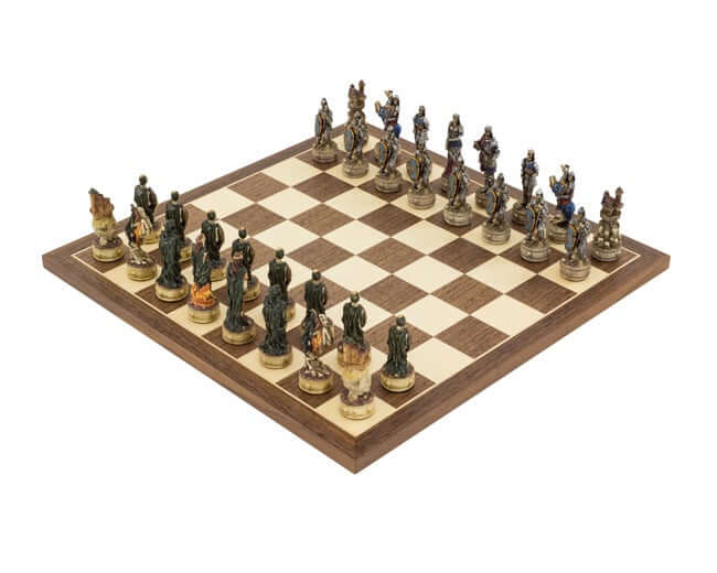 The Zombie Hand Painted Chess Set on a 16-inch board, intricately designed undead warriors in dark and vibrant tones, Italian craftsmanship