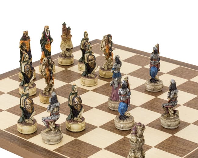 Zombie Hand Painted Chess Set with intricately designed undead warriors on a stunning 16-inch board. Beautifully crafted in Italy.