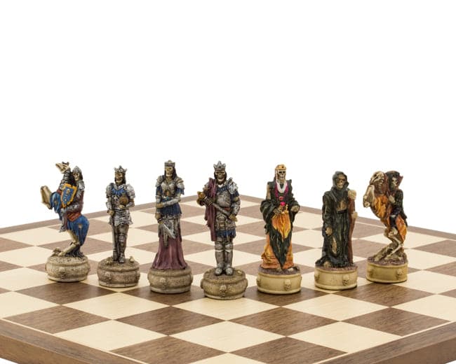 Zombie Hand Painted Chess Set by Italfama on a 16 inch board featuring intricately designed skeletal figures and vibrant undead warriors.