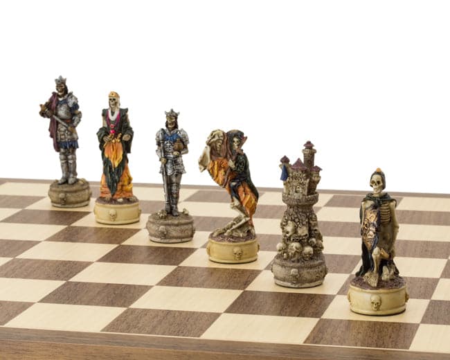 Zombie Hand Painted Chess Set on 16 inch board with felted bases, featuring undead warriors in rustic and vibrant tones, crafted in Italy.