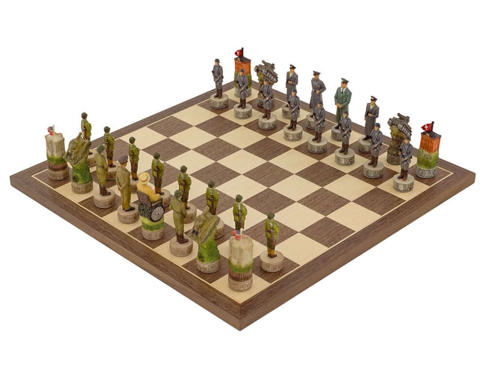 World War II hand-painted chess set featuring Hitler and Roosevelt on a Spanish board, Italian-made ornate pieces, 3.25 inch king