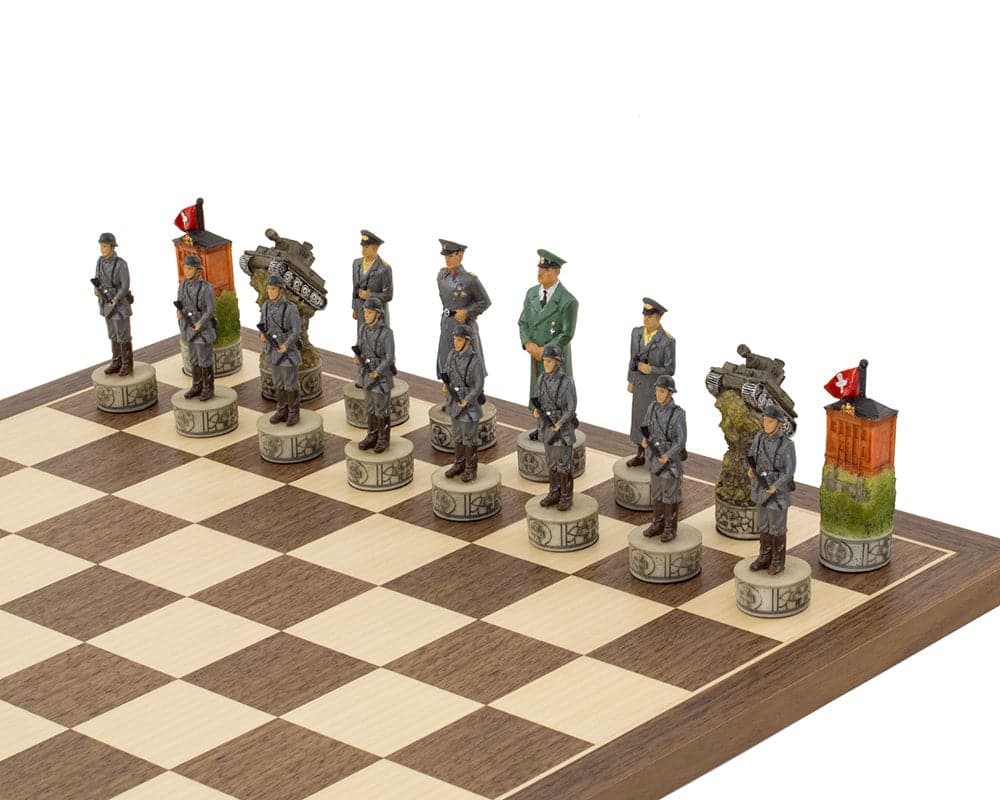 Hand-painted WWII chess set featuring Hitler and his officers on a Spanish board, part of a historical chess collection.