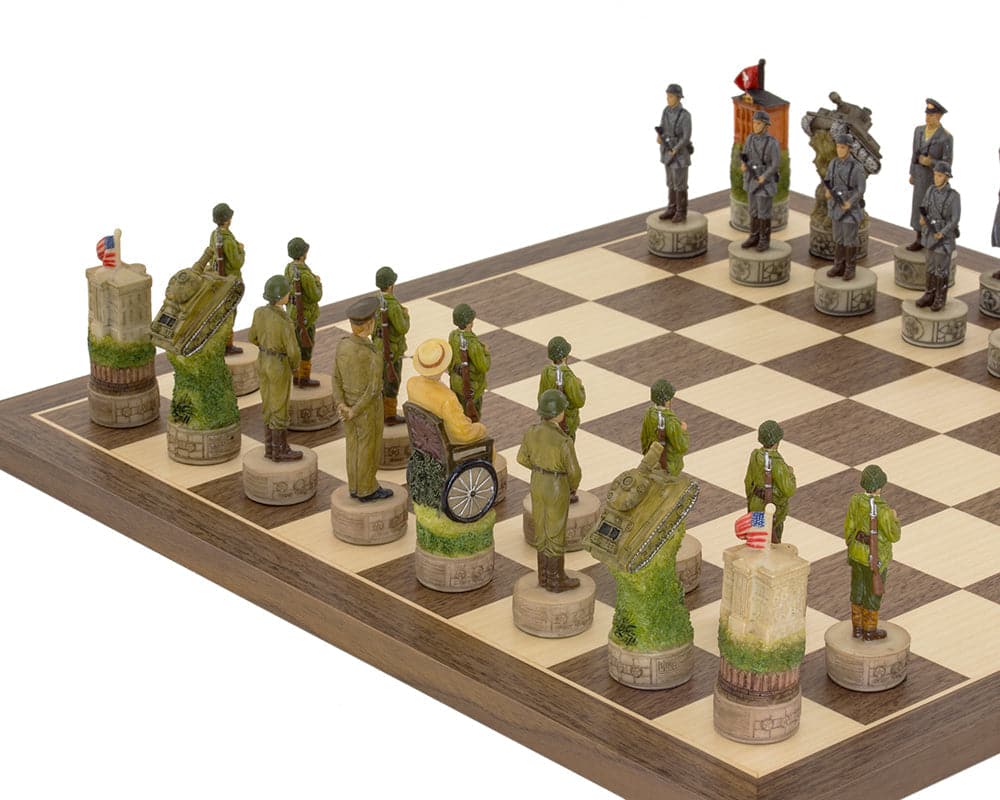 Hand-painted World War II chess set depicting historical figures of Hitler and Roosevelt on a Spanish board.