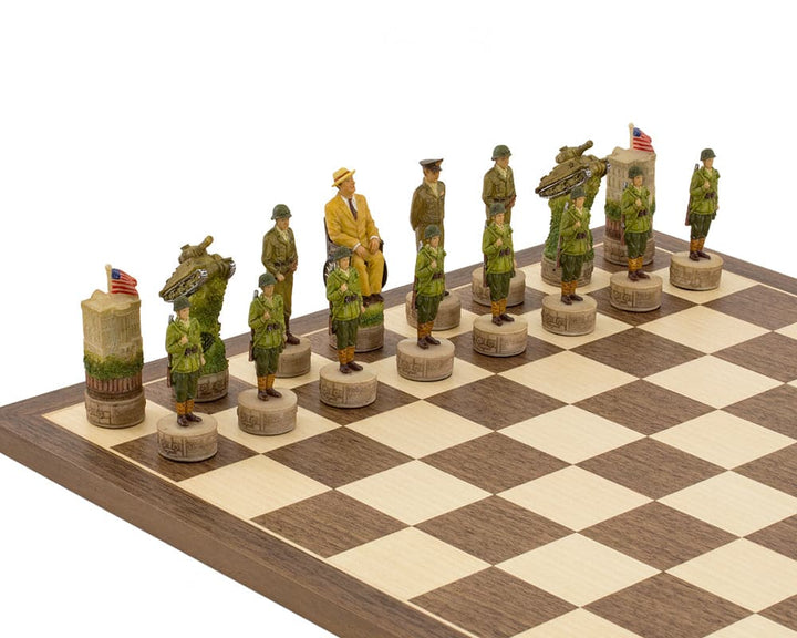 WWII hand-painted chess set featuring Roosevelt and American soldiers on a detailed Spanish board, historical collectible.