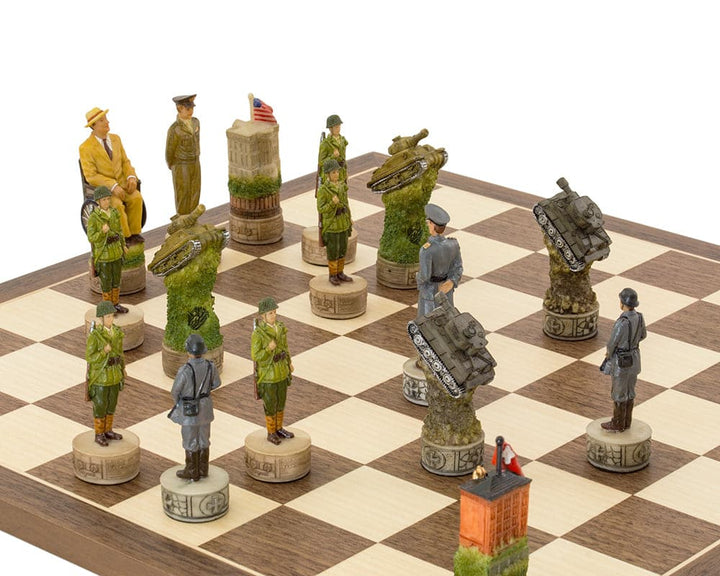 Hand-painted Hitler vs Roosevelt WWII chess set on a Spanish board featuring historical figures and tanks.