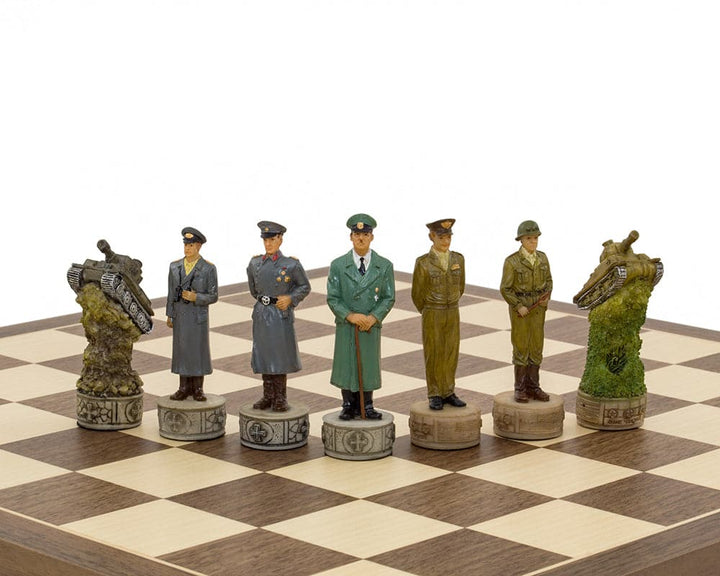 World War II hand-painted chess pieces featuring Adolf Hitler, officers, and soldiers on a Spanish chess board.