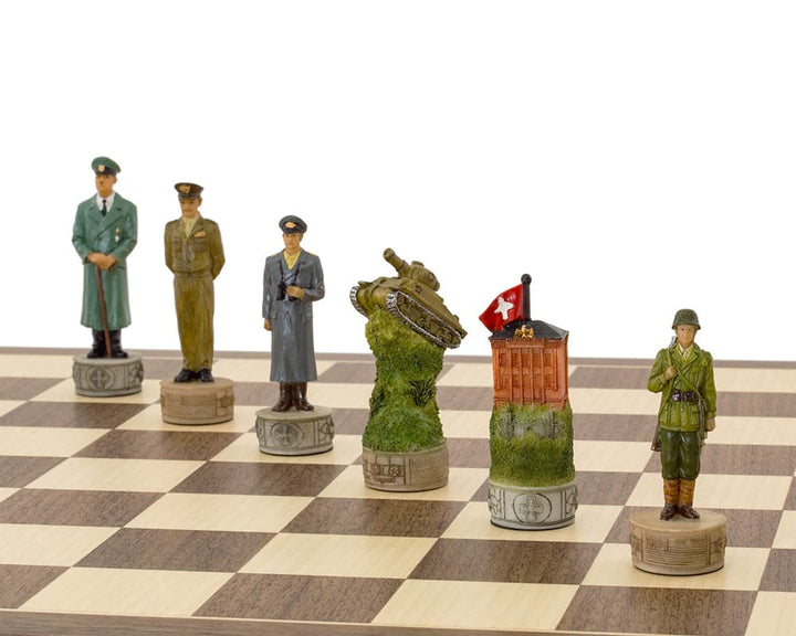 Hand-painted WWII chess pieces featuring Hitler and Roosevelt on a Spanish board with ornate 3.25 inch king, made in Italy