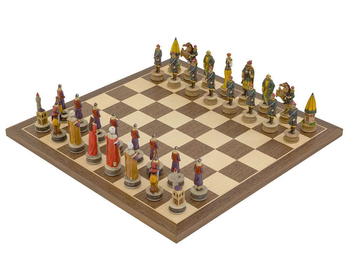 Hand-painted Hungarians vs Turks chess set with detailed pieces and walnut-maple board.