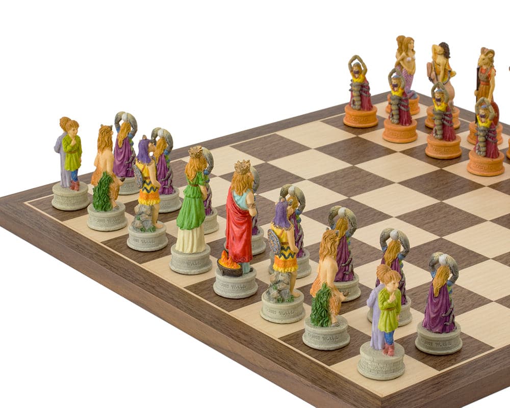 Zodiac hand-painted chess set with detailed pieces representing the 12 zodiac signs on a walnut and maple chessboard