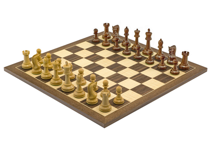 The Leningrad Acacia and Walnut Chess Set with carved pieces on a 19.7-inch Walnut and Maple board.