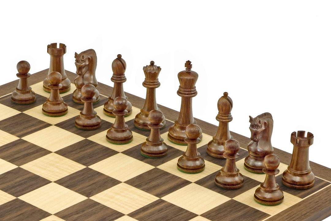 The Leningrad Acacia and Walnut Chess Set with beautifully crafted large pieces on a high-grade walnut and maple board.