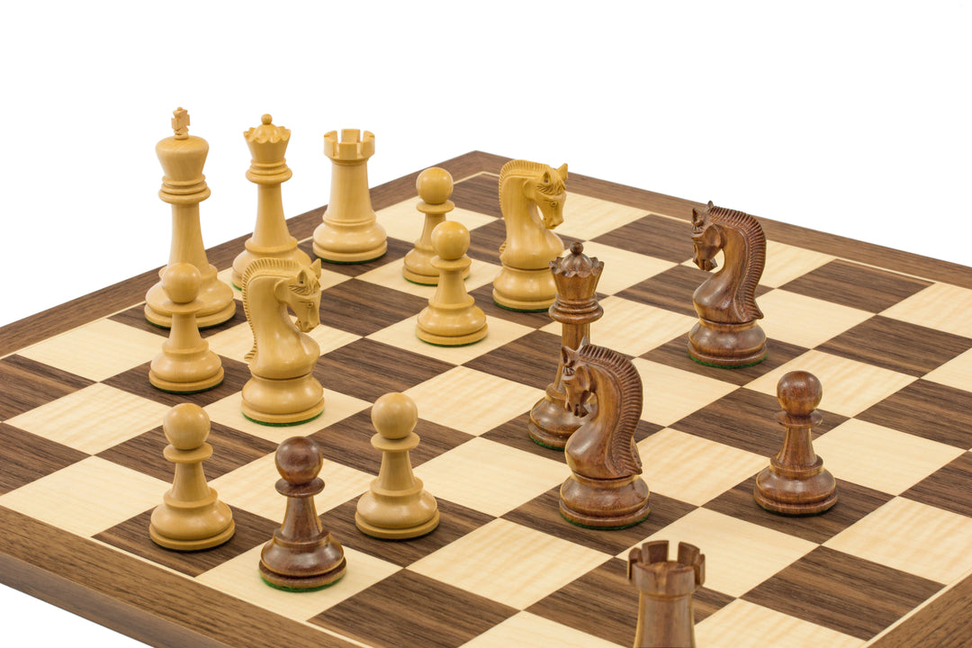 The Leningrad Acacia and Walnut Chess Set with large carved pieces on a high-grade Walnut and Maple board with 2.17 inch playing squares