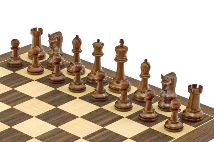 The Leningrad Acacia and Walnut Chess Set displayed on 19.7-inch walnut and maple board with carved chess pieces and felted bases.