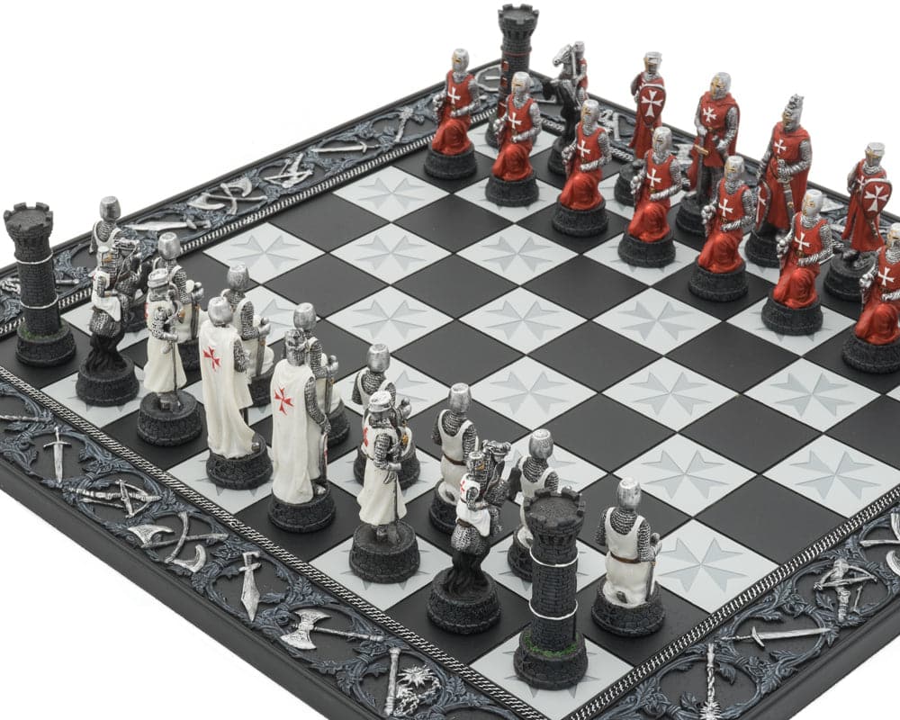 Knights Templar Crusade hand-painted resin chess set with intricately detailed medieval-themed pieces on an exquisitely sculpted board.