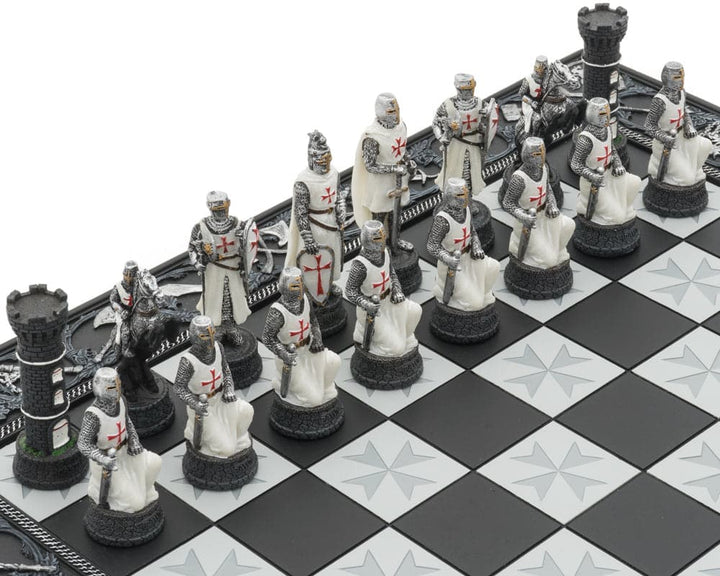 Hand-painted Knights Templar Crusade chess pieces on intricately designed chessboard by Italfama, with medieval symbols and historical details.