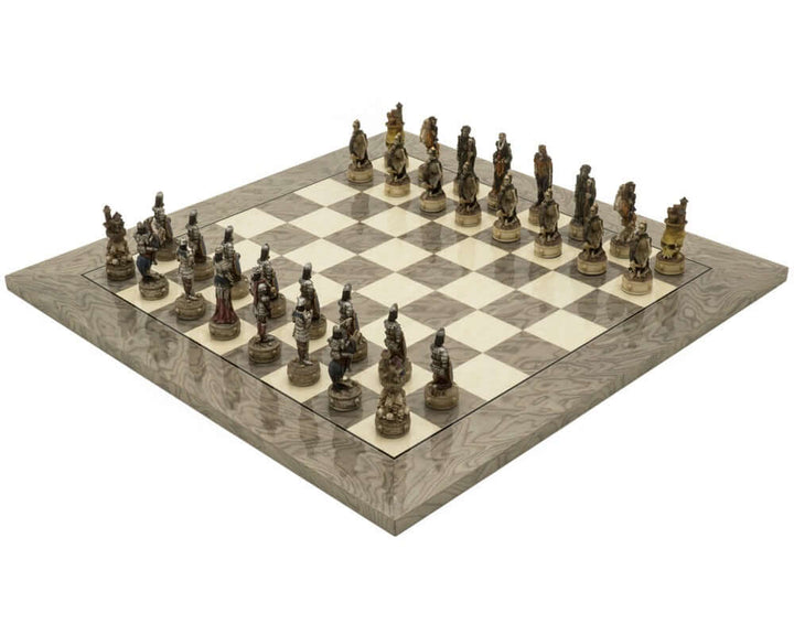 The Zombie and Grey Ash Deluxe Chess Set with hand-painted resin pieces on an exquisite glossy grey ash burl board.