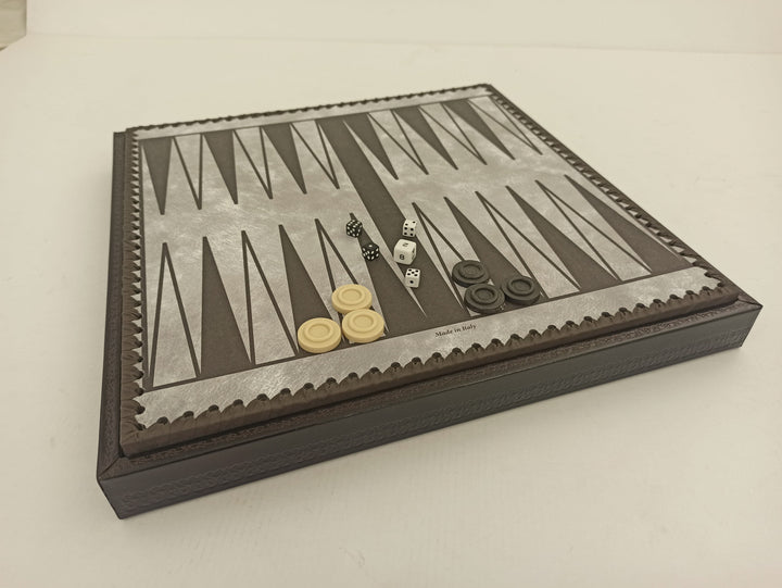 Black and white Italian leatherette backgammon board with playing pieces and dice from the Turin Nero Italian Chess Set