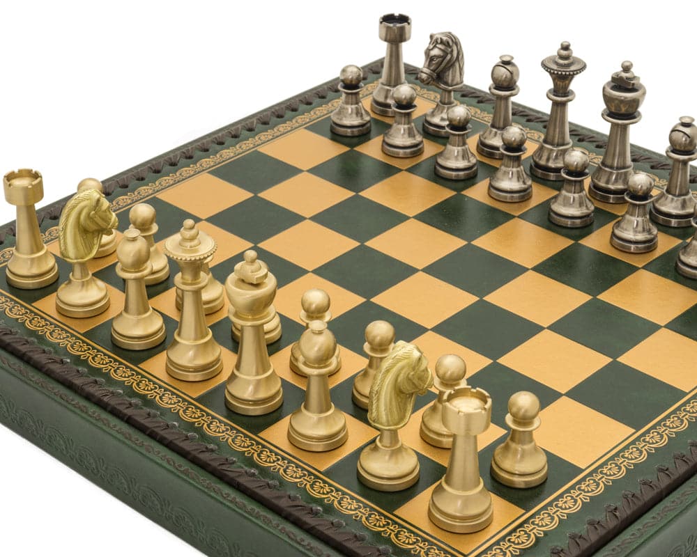 The Turin Verde Italian Chess Set with green and gold leatherette chess board featuring detailed chessmen and screen-printed backgammon board.