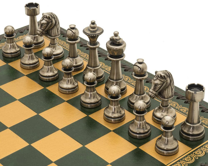 Italian-made Turin Verde chess set with green and gold leatherette board, detailed metal chess pieces, and backgammon board on reverse