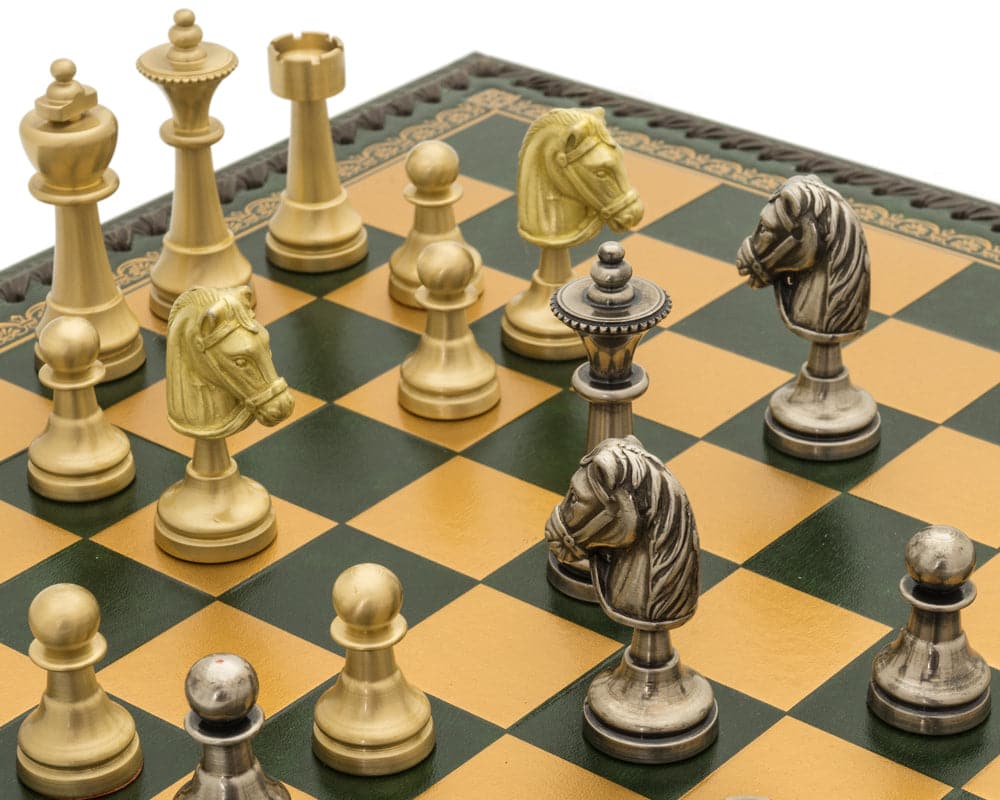 The Turin Verde Italian Chess Set with detailed chessmen on a green and gold leatherette board