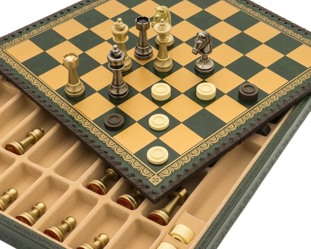 The Turin Verde Italian Chess Set with green and gold leatherette board, chess pieces, and compartmentalized storage showing backgammon setup.