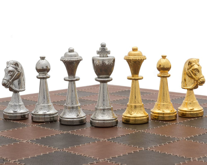 Luxury Gold and Silver Chess Pieces on Italian Leather Chess Board