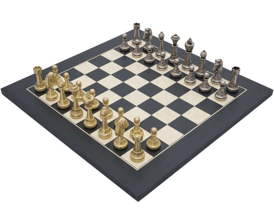 Finnesburg and Black Classic Chess Set with brass and nickel chess pieces on a 15.75-inch board