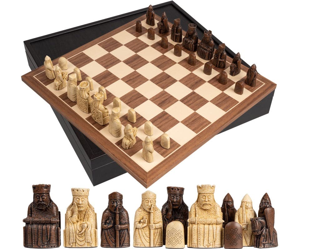 The Isle of Lewis and Walnut Deluxe Chess Set with elegant presentation box, featuring finely crafted substantial Lewis chess pieces