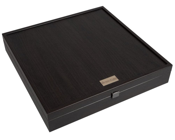 The Isle of Lewis and Walnut Deluxe Chess Set presentation box closed, showcasing elegant dark finish and exquisite craftsmanship