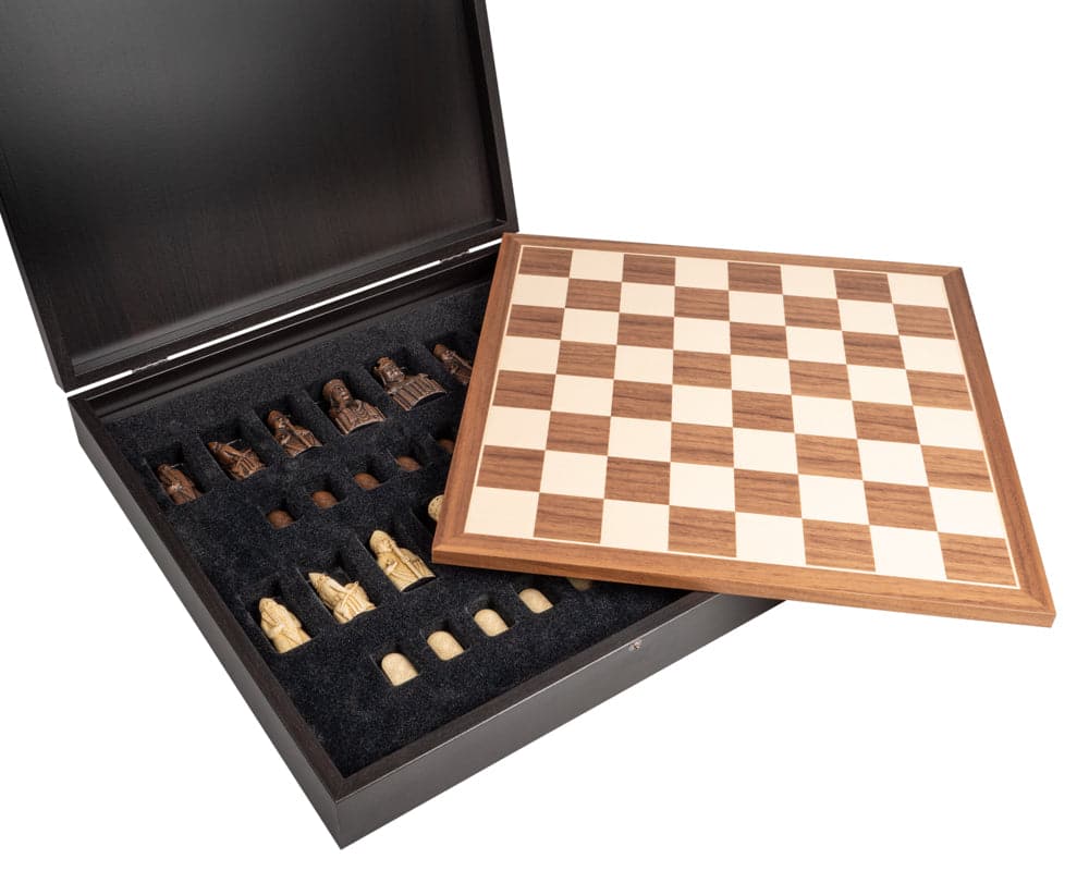 Isle of Lewis and Walnut Deluxe chess set with presentation box containing elegant Lewis chess pieces and Walnut chess board