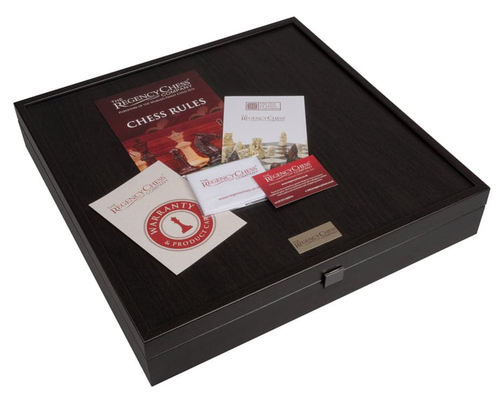 The Isle of Lewis and Walnut Deluxe Chess Set presentation box with rules booklet and warranty card