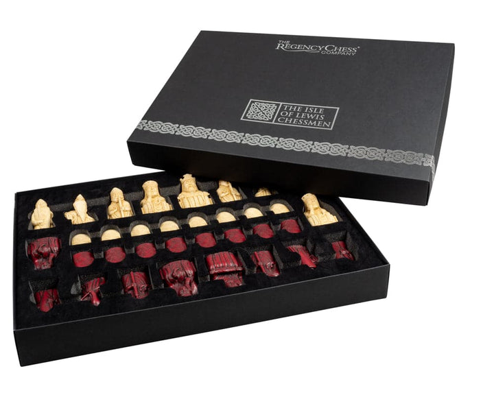 The Isle of Lewis Black and Red Chess Set in gift packaging with intricately detailed chess pieces cast from original laser scans.