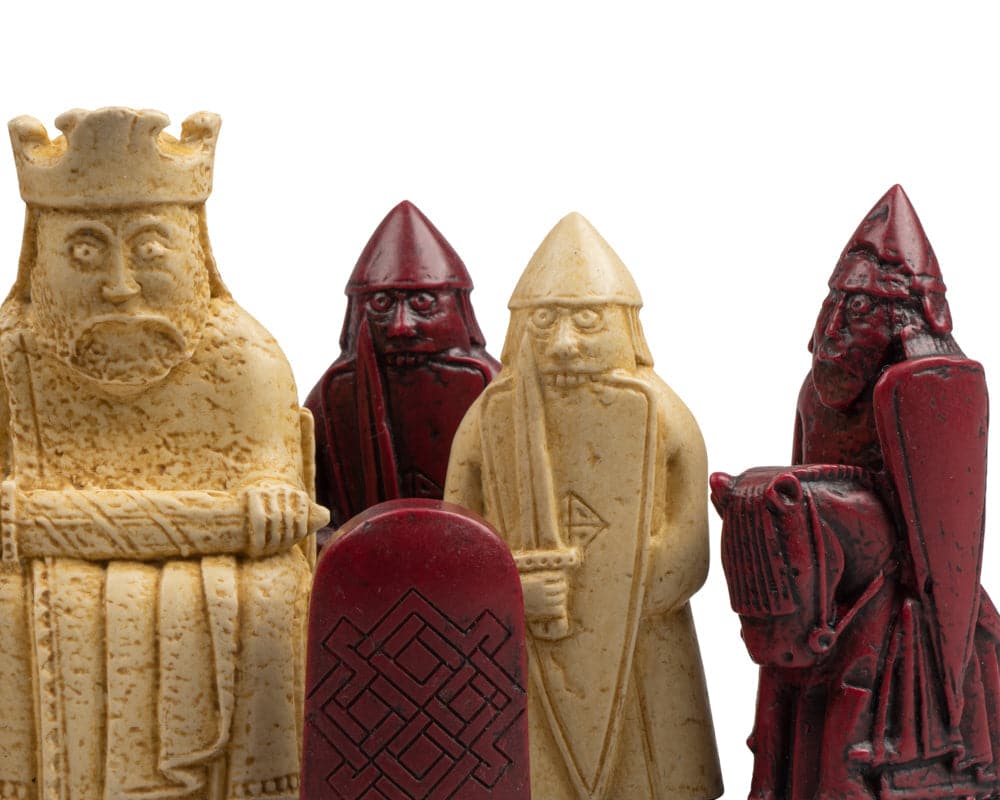 The Isle of Lewis black and red chess pieces including king and queen in gift packaging