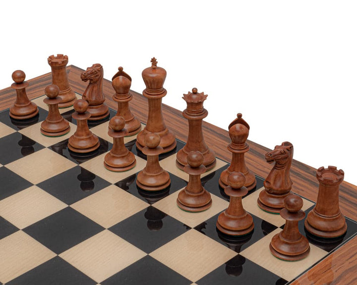 Luxury 1849 Reproduction Staunton Chess Set on a 23.6 inch Spanish board featuring ebony and antiqued boxwood pieces.