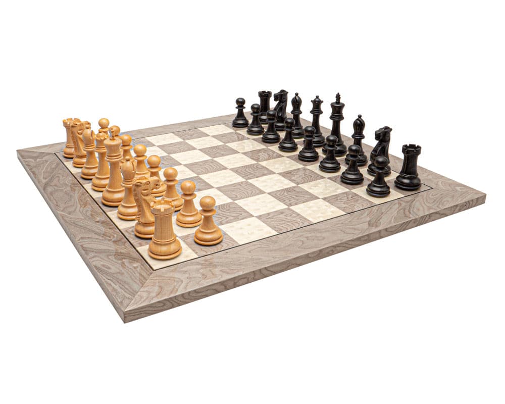 The Victoria Black and Grey Ash Burl Classic Chess Set with 3.75 inch king and 19.7 inch Spanish board.