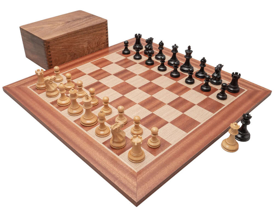 The Tournament Black and Mahogany Chess Set with case and Traditional Staunton chessmen on a 20 inch board with hinged lid, 3-inch king