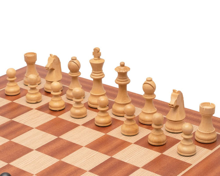 The Down Head Knight Tournament Edition Chess Set on a Mahogany and Birch board with 3.75 inch king and 2 inch playing squares