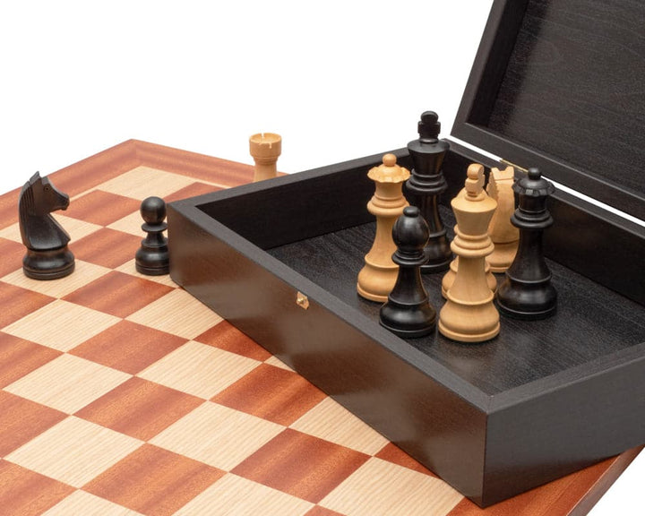 Down Head Knight Tournament Edition Chess Set with mahogany and birch board, showcasing weighted and felted Staunton chess pieces and storage box.