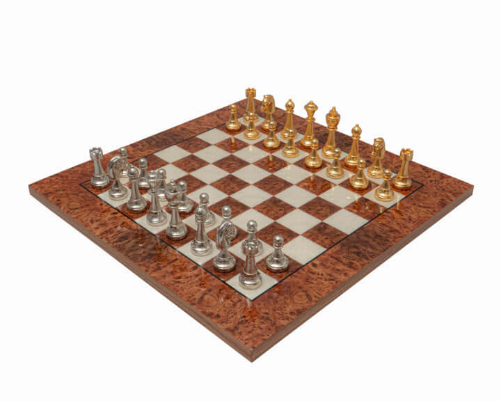 The Messina Gold and Briarwood Luxury Italian Chess Set featuring gold and silver plated pieces on an exquisite briarwood and elm board.